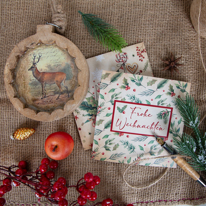 4 Weihnachtskarten Set mit Kuvert braun beige vintage 14,8 x 14,8 cm - Foto 2
