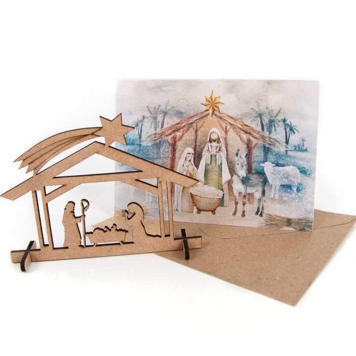 3 Weihnachtskarten mit Kuvert + Weihnachtskrippe aus Holz Weihnachten Karte DIN A6 - Foto 1