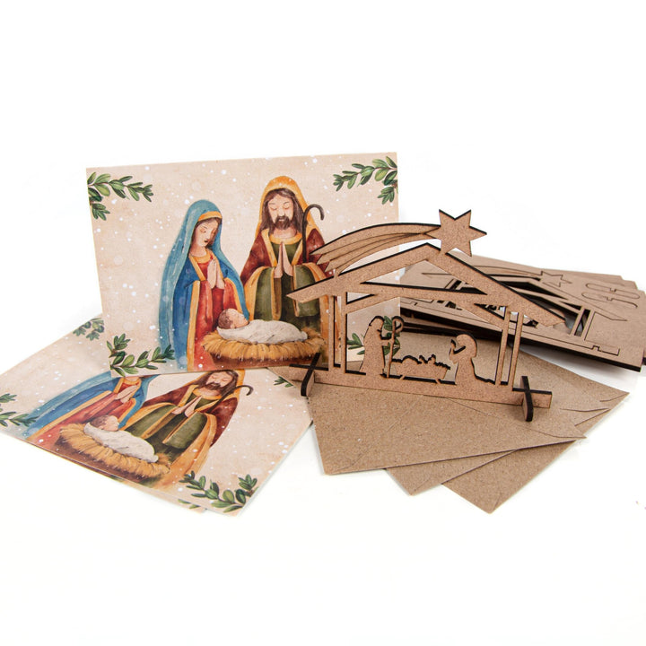 3 kleine Krippen aus Holz mit Weihnachtskarte + Umschlag Weihnachtskrippe DIN A6 - Foto 2