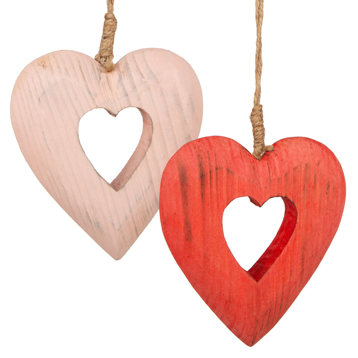 Logbuch-Verlag: 2 große Herzen zum Aufhängen Holz 15 cm rosa rot Holzherzen mit Schnur Anhänger Geschenk Deko - Foto 1