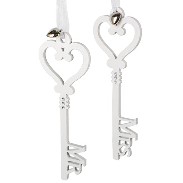 2 große weiße Schlüssel Mr. & Mrs. aus Holz als Deko zur Hochzeit oder zum Polterabend als Geschenk 19 cm - Foto 1
