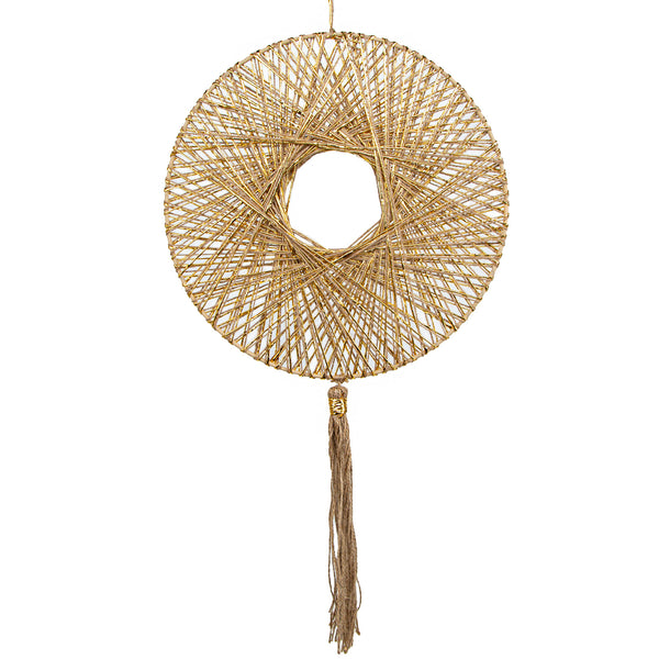 großes Wandornament zum Aufhängen Wanddeko Boho Makramee Wandschmuck mit Quaste Gold 75 x 30 cm - Foto 1