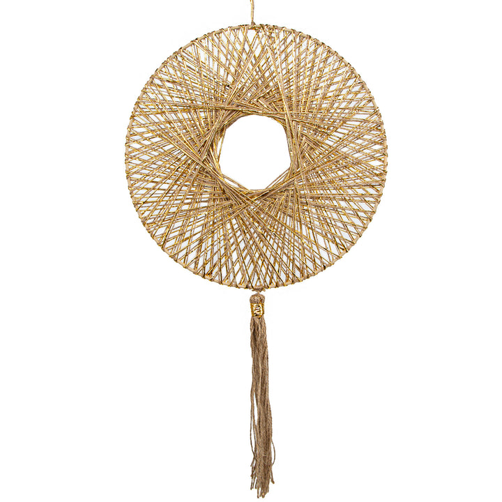 großes Wandornament zum Aufhängen Wanddeko Boho Makramee Wandschmuck mit Quaste Gold 75 x 30 cm - Foto 1