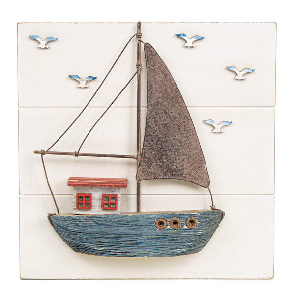 maritimes Wandbild Schiff weiß blau Deko Holz & Metall Boot Bild zum Aufhängen Vintage 20 x 20 cm - Foto 1