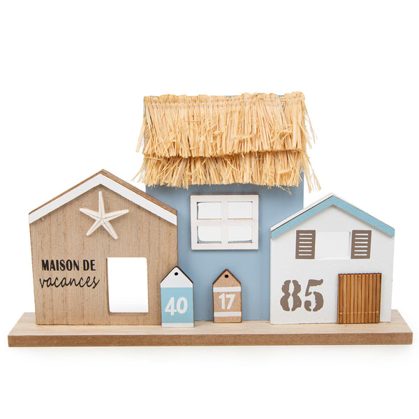 Strandhaus Leiste zum Hinstellen Häuserzeile Holz Maritime Strand Deko Badezimmer Weiß Blau Geschenk Sommer Meer 30 x 18 cm - Foto 1