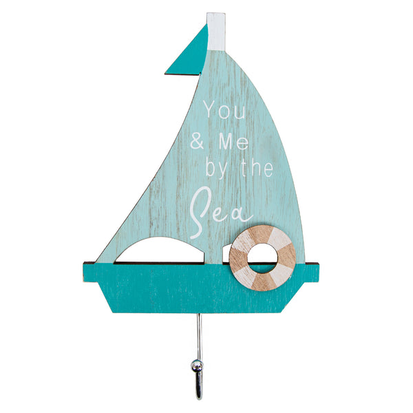 Wandhaken maritim Segelboot mit Spruch You & me by The sea Holz blau türkis Garderobenhaken Geschenk 15 x 19 cm Deko - Foto 1