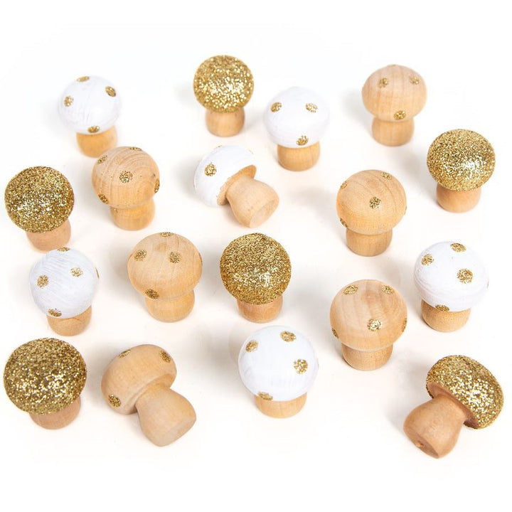 18 kleine mini Pilze aus Holz in Gold, weiß, Natur 2 x 3 cm groß als Herbst Weihnachten Silvester Deko - Foto 1