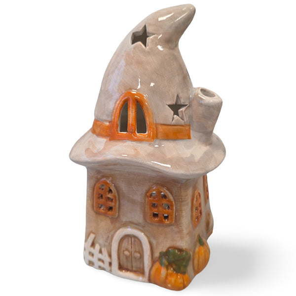 Logbuch-Verlag Teelichthaus Herbst Dekohaus mit Kürbis und Kamin 18 cm hoch, Herbstdeko Hexenhaus mit Öffnung hinten