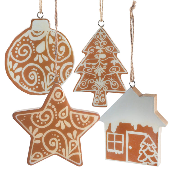 Holzanhänger Lebkuchen Deko 4er Set Weihnachtsanhänger 9 cm braun weiß
