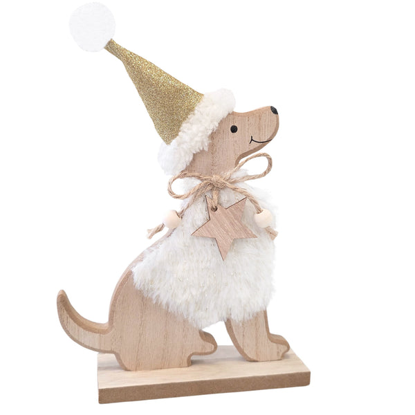 Logbuch-Verlag Weihnachtshund Holz 20 cm, Creme-goldene Dekofigur mit Stern und Glitzermütze, Weihnachtsdeko Hund zum Hinstellen - Foto 1