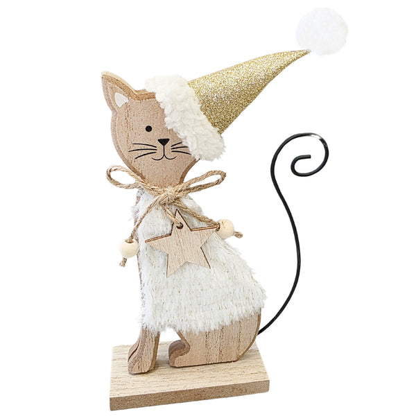 Logbuch-Verlag Weihnachtskatze Holz 20 cm, Creme-goldene Dekofigur mit Stern und Glitzerhut, Winterdeko Katze zum Hinstellen