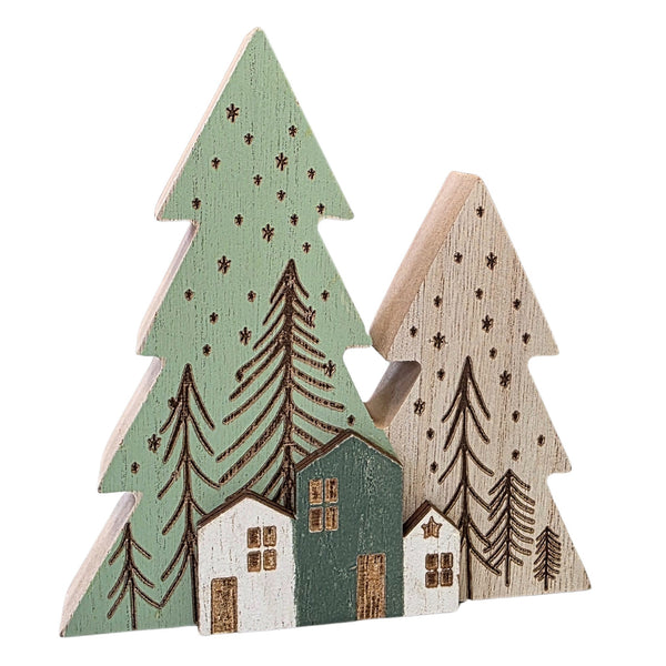 Logbuch-Verlag Holztanne mit Häuser Weihnachtsdeko 3D, Winterlandschaft aus Holz, Natur & Grün, Deko zum Hinstellen
