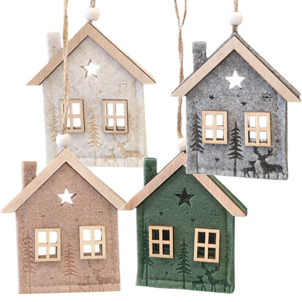 Filz-Häuser Weihnachtsanhänger 4er Set mit Holzdach 10 cm – Christbaumschmuck & Winterdeko