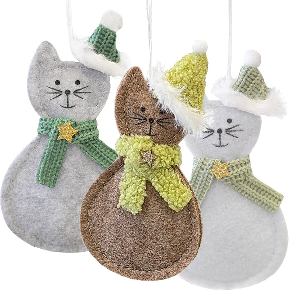 Katzen-Anhänger 3er Set Filz 13 cm Winterdeko zum Aufhängen  mit Mütze & Schal  Weihnachtsdeko Kinderzimmer  Logbuch-Verlag
