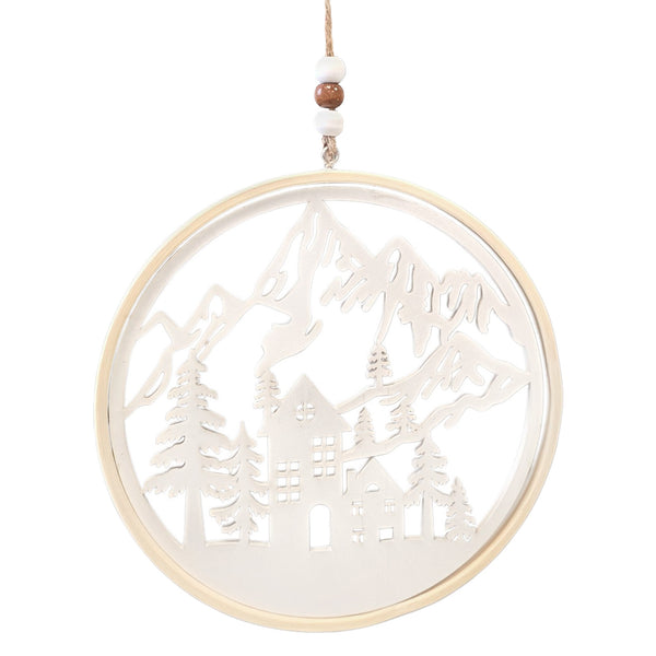Holz-Dekoring Winterbild Häuser & Berge 15,5 cm Natur-weiß – Fenster- & Türdeko zum Aufhängen