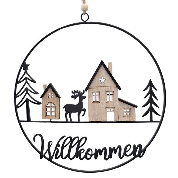 Metallring Willkommen Winterdorf 20 cm schwarz mit Holzdeko – Skandinavische Winter- & Weihnachtsdeko