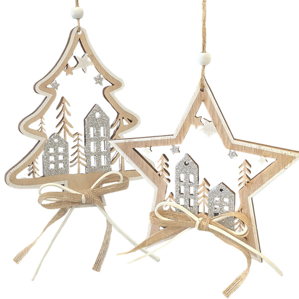 Weihnachtsanhänger Baum & Stern Winterstadt 2er Set 15 cm Natur-Silber – Holzdeko zum Aufhängen