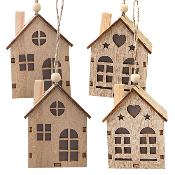 Deko-Häuschen Holz natur 4er Set 8 cm zum Aufhängen – Ganzjahresdeko & Tischdeko