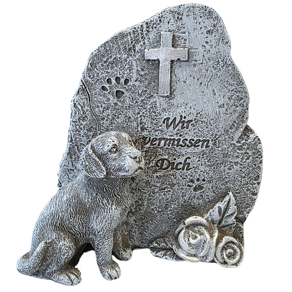 Gedenkstein Hund Grau Wir vermissen Dich Grabstein Tiergrab Trauerdeko für Hunde aus Polyresin, wetterfest 11x10 cm - Foto 1