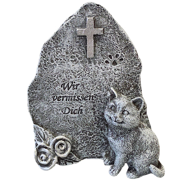 Gedenkstein Katze Grau "Wir vermissen Dich" Grabstein Tiergrab Trauerdeko für Katzen aus Polyresin, wetterfest 11x10 cm - Foto 1
