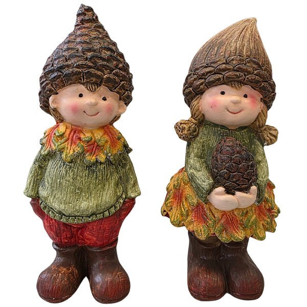 Logbuch-Verlag Herbstkinder Figuren 2er Set stehend 1617 cm  Herbstdeko Kinder mit Tannenzapfen-Mütze  Junge & Mädchen aus Kunststein