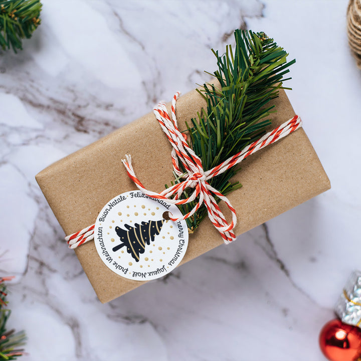 200 Weihnachtsaufkleber auf Rolle Frohe Weihnachten international schwarz gold Ø 5 cm - Foto 4
