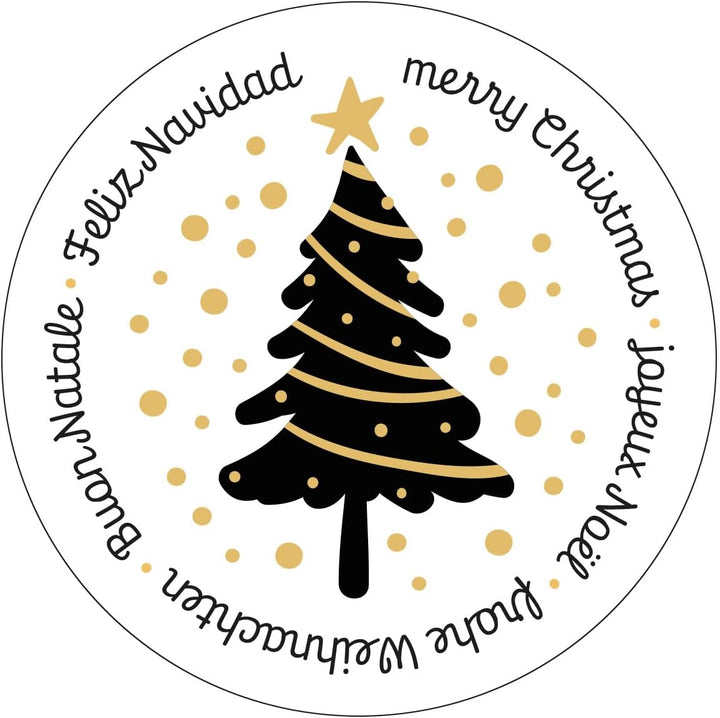 200 Weihnachtsaufkleber auf Rolle Frohe Weihnachten international schwarz gold Ø 5 cm - Foto 6
