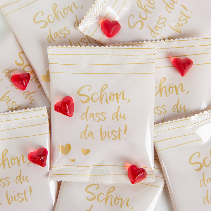 Gummibärchen rote Herzen &quot;Schön, dass du da bist&quot; beige 100 Stück