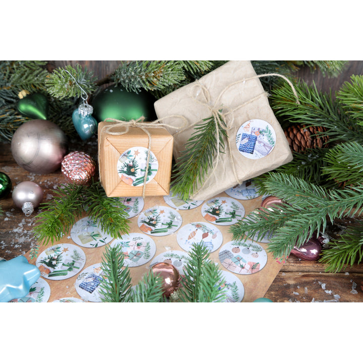 Runde Weihnachtsaufkleber 4 cm beige blau grün – hygge natur - Foto 2