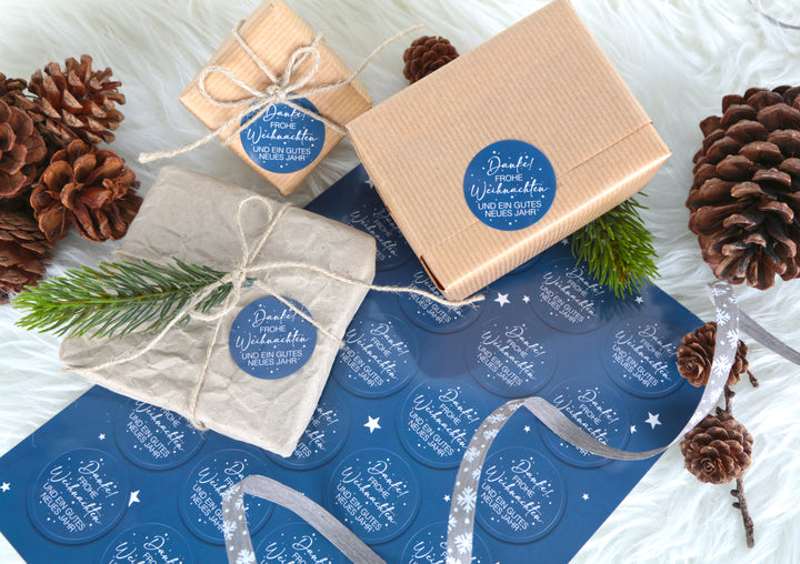 Runde Weihnachtsaufkleber Frohe Weihnachten - 4 cm blau