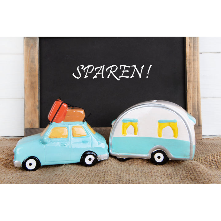 Spardose Wohnwagen aus Keramik - 15 cm türkis weiß - Foto 2
