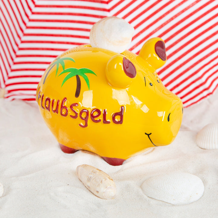 Sparschwein Urlaubsgeld gelb Urlaub Palmen Geschenk 12,5 cm - Foto 2
