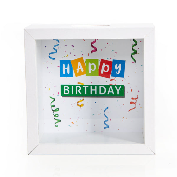 Sparbüchse Bilderrahmen Happy Birthday weiß bunt 14 x 14 cm - Foto 1