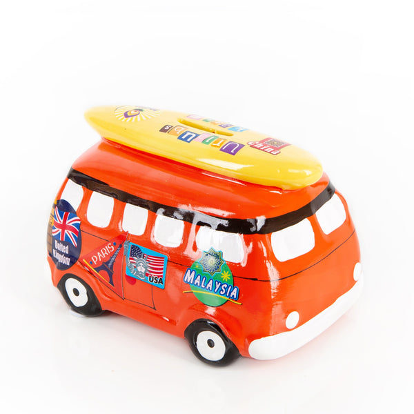 Sparbüchse Camper mit Surfbrett orange 16 cm Urlaubskasse - Foto 1