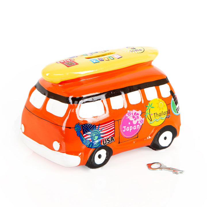 Sparbüchse Camper mit Surfbrett orange 16 cm Urlaubskasse - Foto 2
