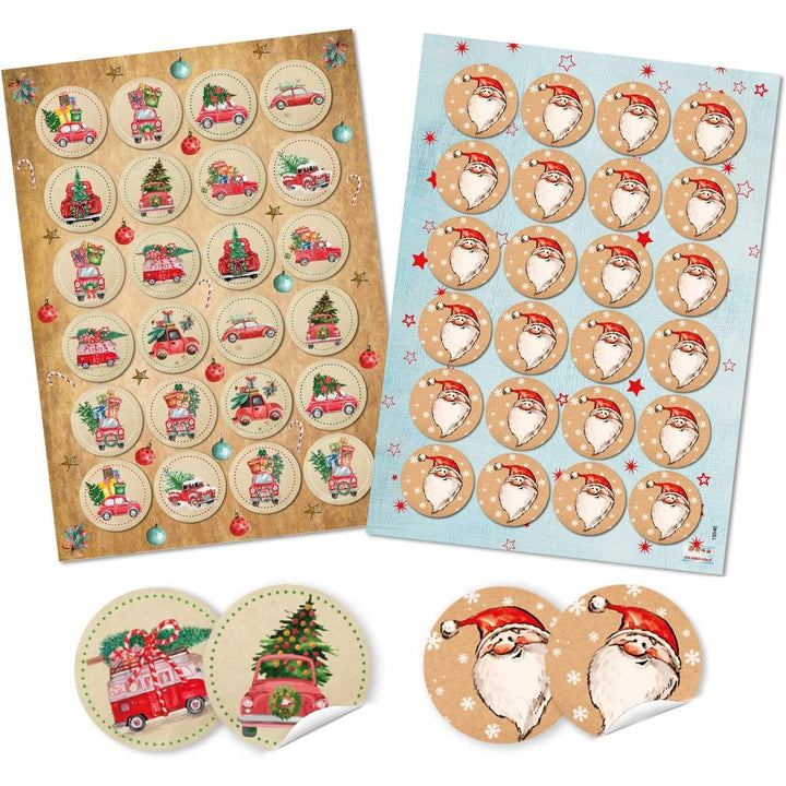 2 x 24 Weihnachtssticker beige rot mit Weihnachtsmann und Weihnachtstruck Ø 4 cm - Foto 1