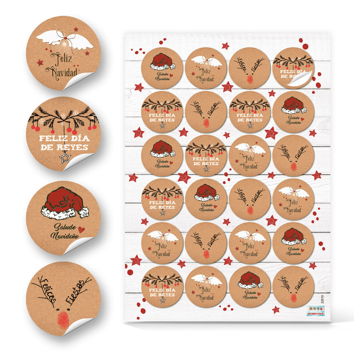 24 Weihnachtsaufkleber Feliz Navidad mit spanischem Text Ø 4 cm in Rot, Braun und Weiß - Foto 1