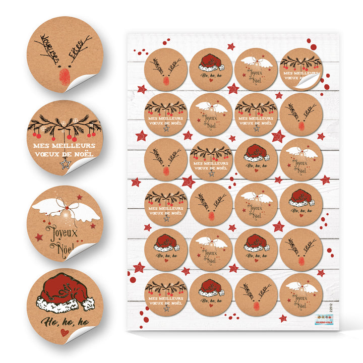 24 Weihnachtssticker Joyeux Noël/Joyeuses Fêtes Ø 4 cm in Rot, Braun und Weiß - Foto 1
