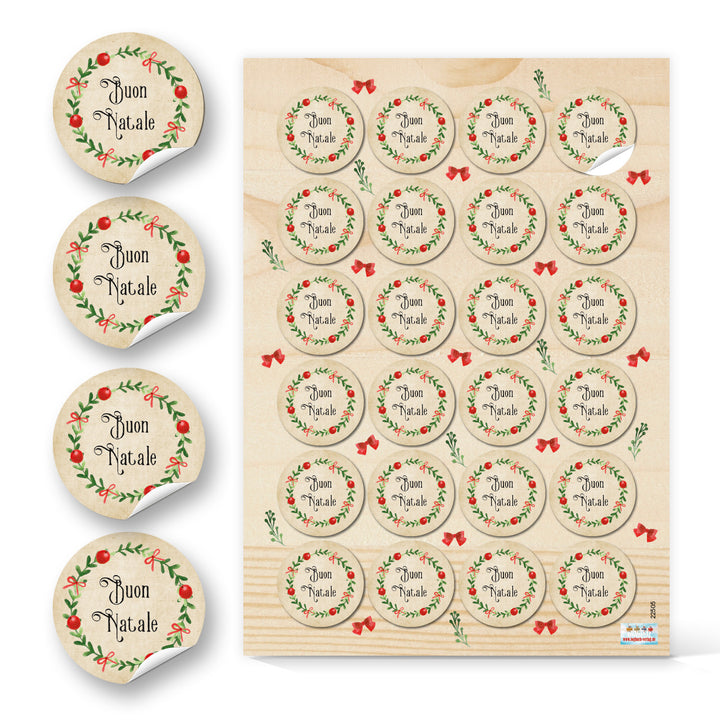 96 Buon Natale Aufkleber rund Ø 4 cm in Beige, Rot und Grün - Foto 1